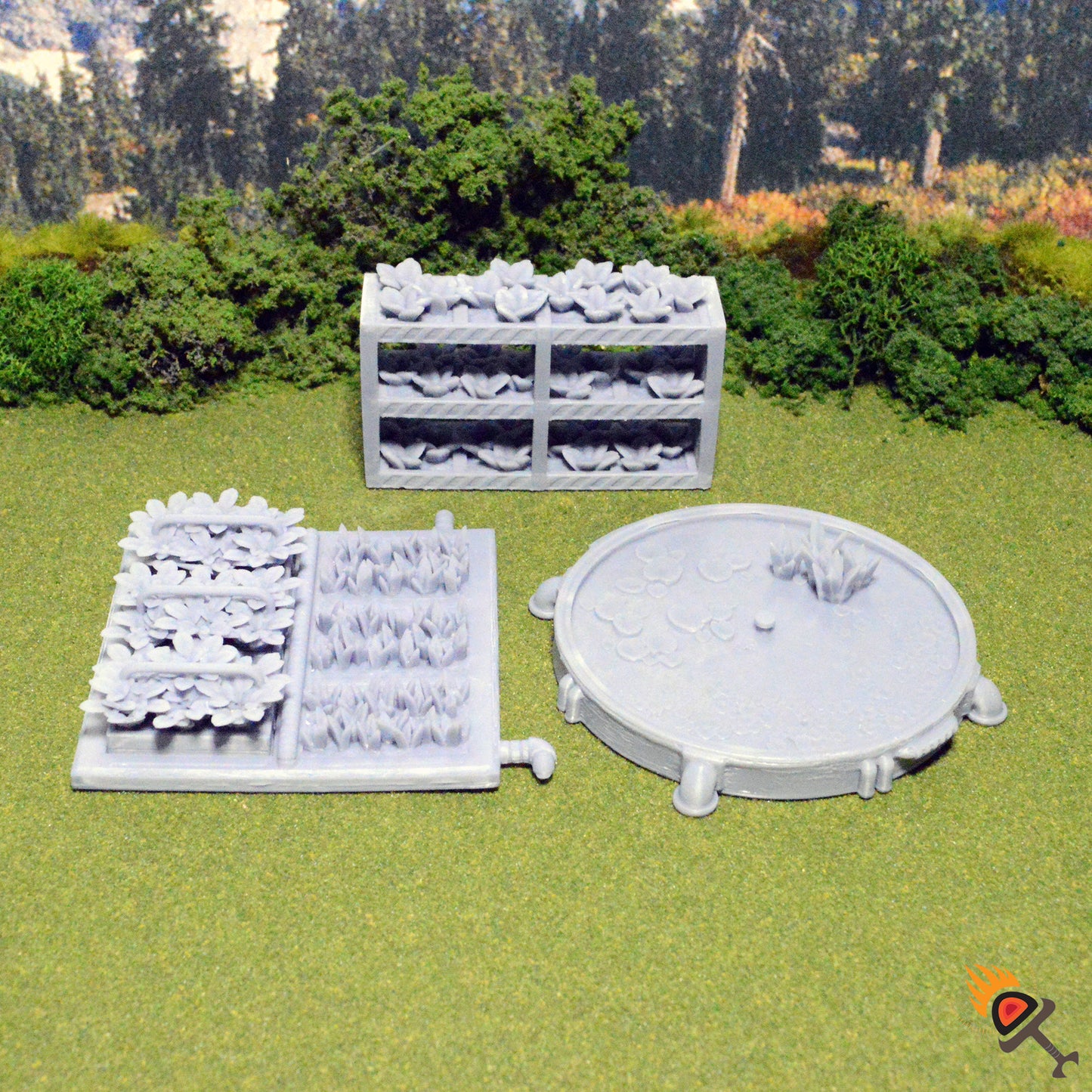 Miniature Plant Grow Beds and Pond 20mm 28mm 32mm for D&D Terrain, Lunar Base Greenhouse Garden for Sci-Fi Fantasy DnD Pathfinder