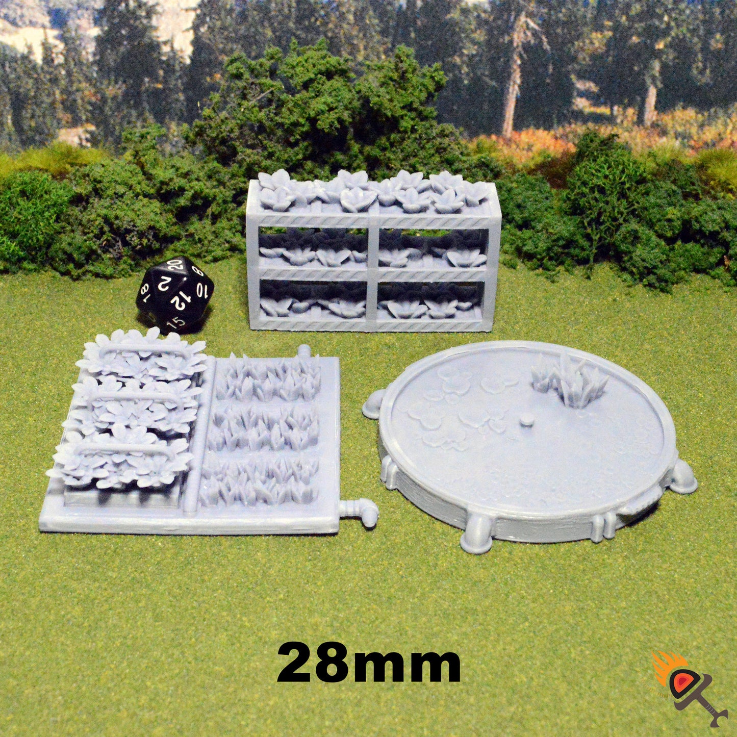 Miniature Plant Grow Beds and Pond 20mm 28mm 32mm for D&D Terrain, Lunar Base Greenhouse Garden for Sci-Fi Fantasy DnD Pathfinder