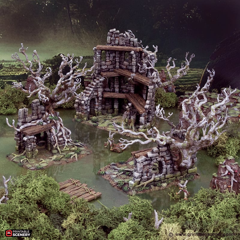 Miniature Wildwood Ruins for DnD Swamp Terrain 15mm 28mm 32mm, Stone Ruins for D&D Pathfinder Warhammer Lustria, Gloaming Swamps