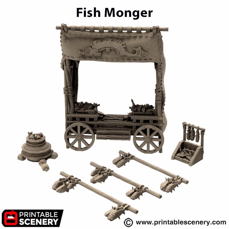 Miniature Fishmonger Stand 15mm 28mm 32mm for D&D Terrain, Medieval Village Fish and Seafood Merchant for DnD Pathfinder NPCs