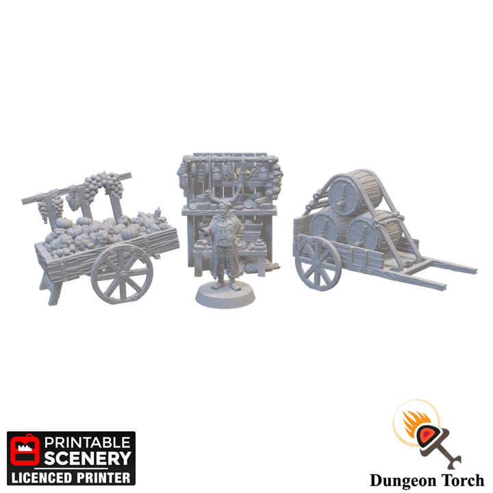Miniature Grocer with Veggie Cart 15mm 28mm 32mm for D&D Terrain, Medieval Grocer with Barrel Cart and Display Shelves for DnD Pathfinder
