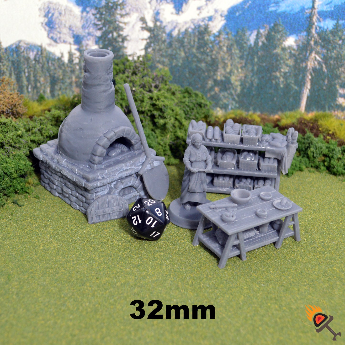 Miniature Baker and Oven 15mm 28mm 32mm for D&D Terrain, Medieval Baker with Display Shelves and Prep Table for DnD Pathfinder NPCs