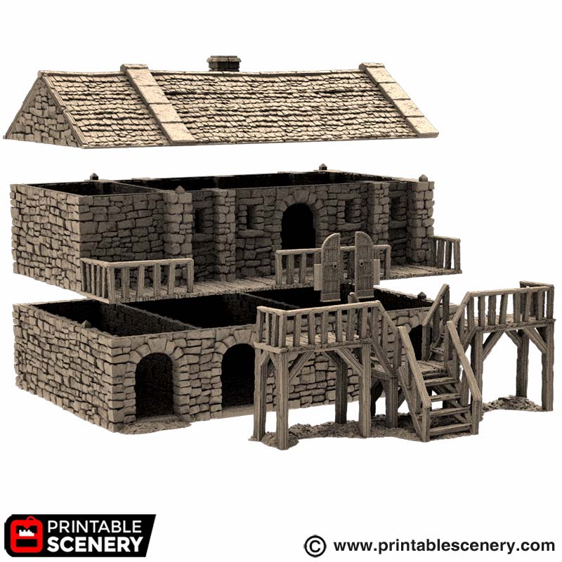 Black Rock Barracks 15mm 28mm 32mm for D&D Terrain, Medieval Stone Guard House for DnD Pathfinder Medieval Village, Printable Scenery