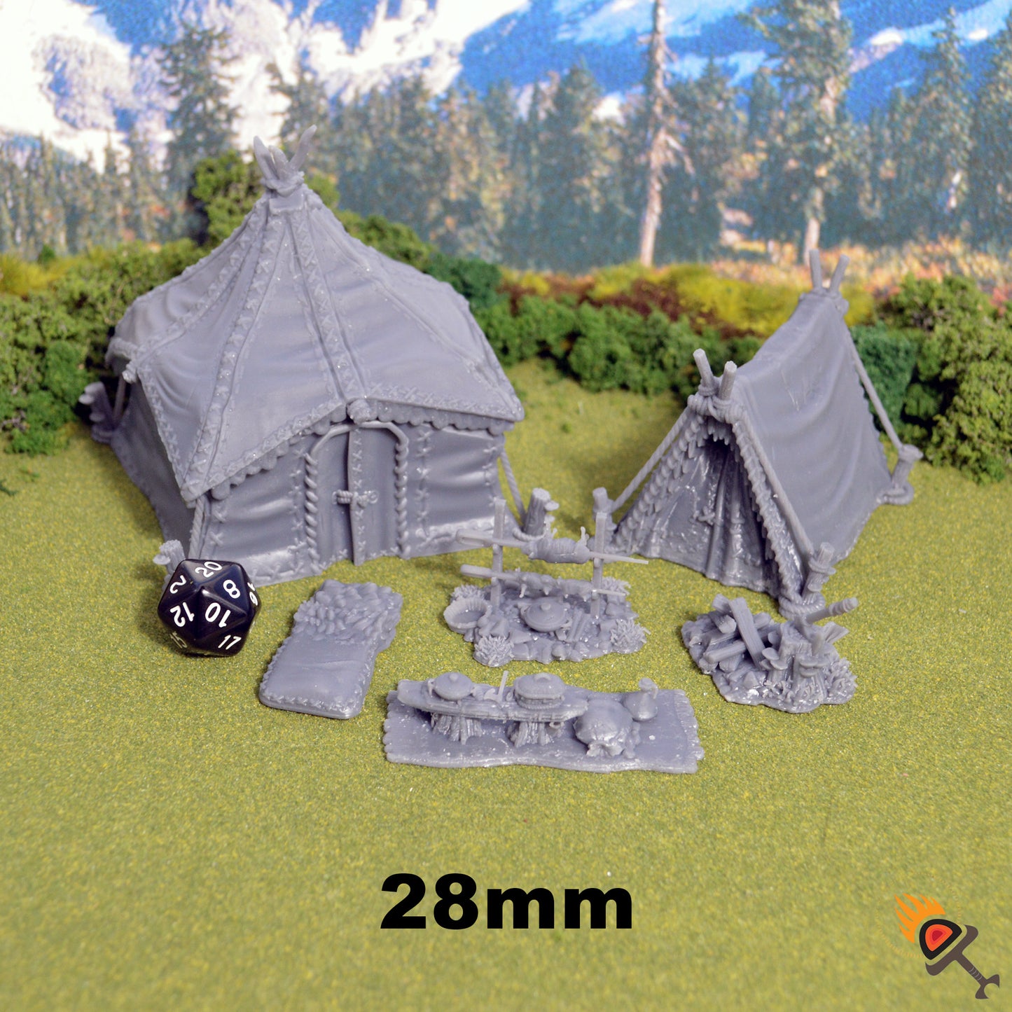 Miniature Campsite 15mm 28mm 32mm for D&D Terrain, Adventurer's Camp for DnD Pathfinder, Camping Tents Fire Bedroll Chopping Block