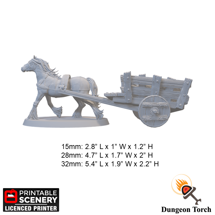 Miniature Harnessed Horse, Wagon and Cargo 15mm 28mm 32mm for D&D DnD Pathfinder Merchant Supplies, Cart with Chest Crates Barrels Sacks