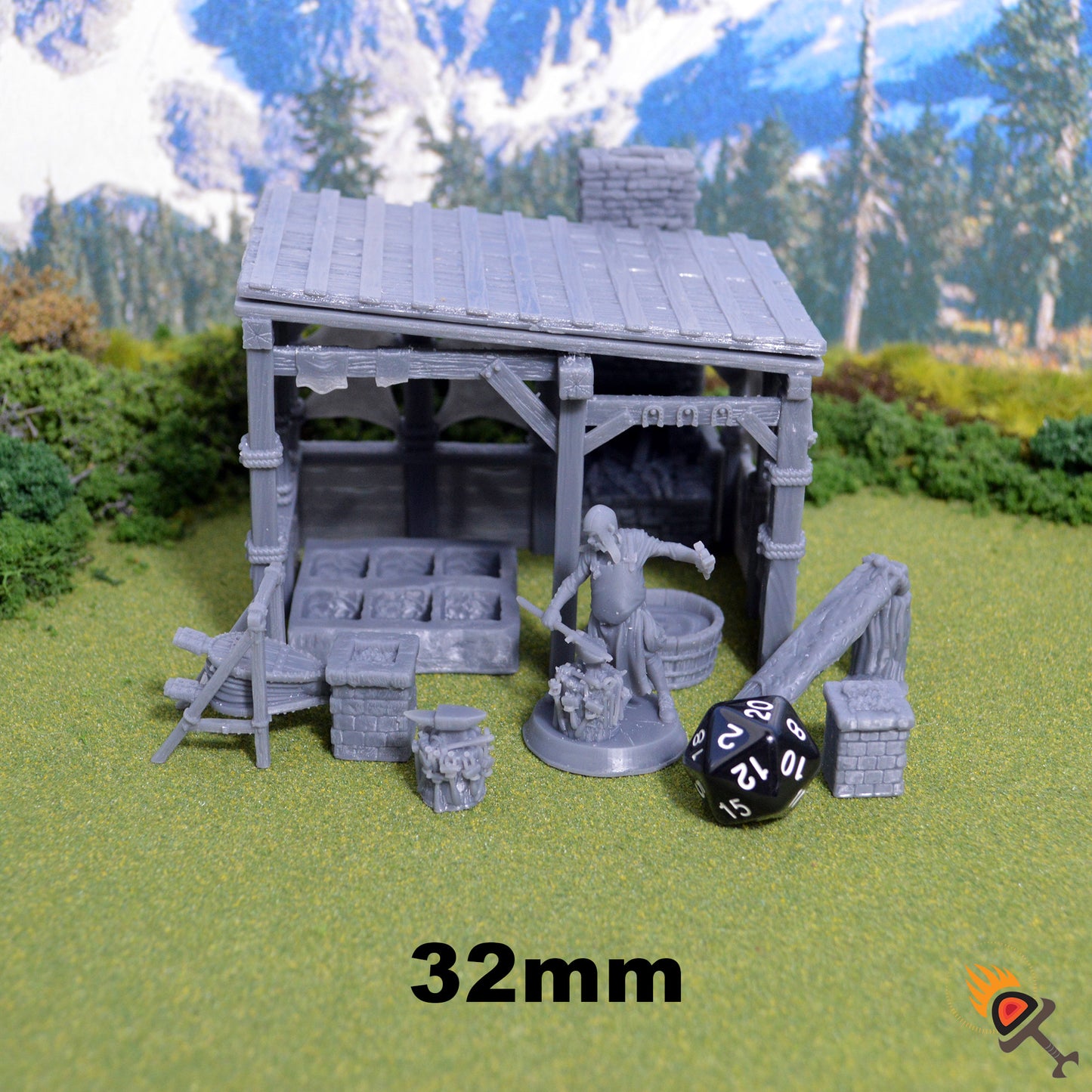 Miniature Smithy with Anvil 15mm 28mm 32mm for D&D Terrain, Medieval Blacksmith with Furnace Tub Bellows Fire Pit for DnD Pathfinder