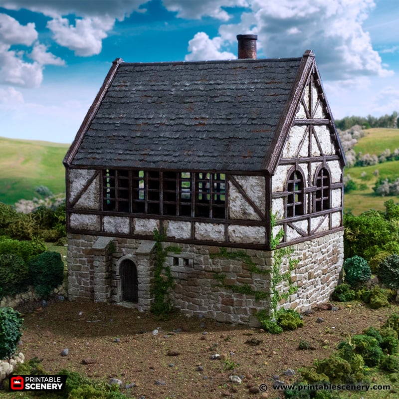 Wattle and Daub Stone Manor 15mm 28mm 32mm for D&D Terrain, DnD Pathfinder Medieval Village, Printable Scenery King and Country