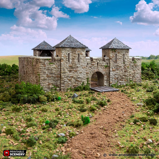 Norman Fort Walls 15mm 28mm 32mm for D&D Terrain, Stone Tower and Gate with Drawbridge for DnD Pathfinder, Medieval Fortifications