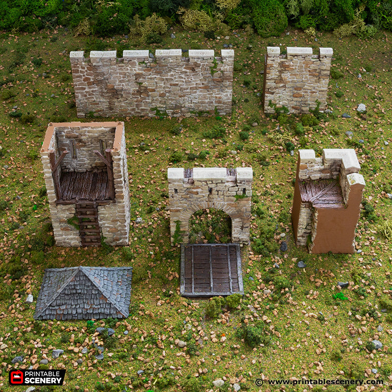 Norman Fort Walls 15mm 28mm 32mm for D&D Terrain, Stone Tower and Gate with Drawbridge for DnD Pathfinder, Medieval Fortifications