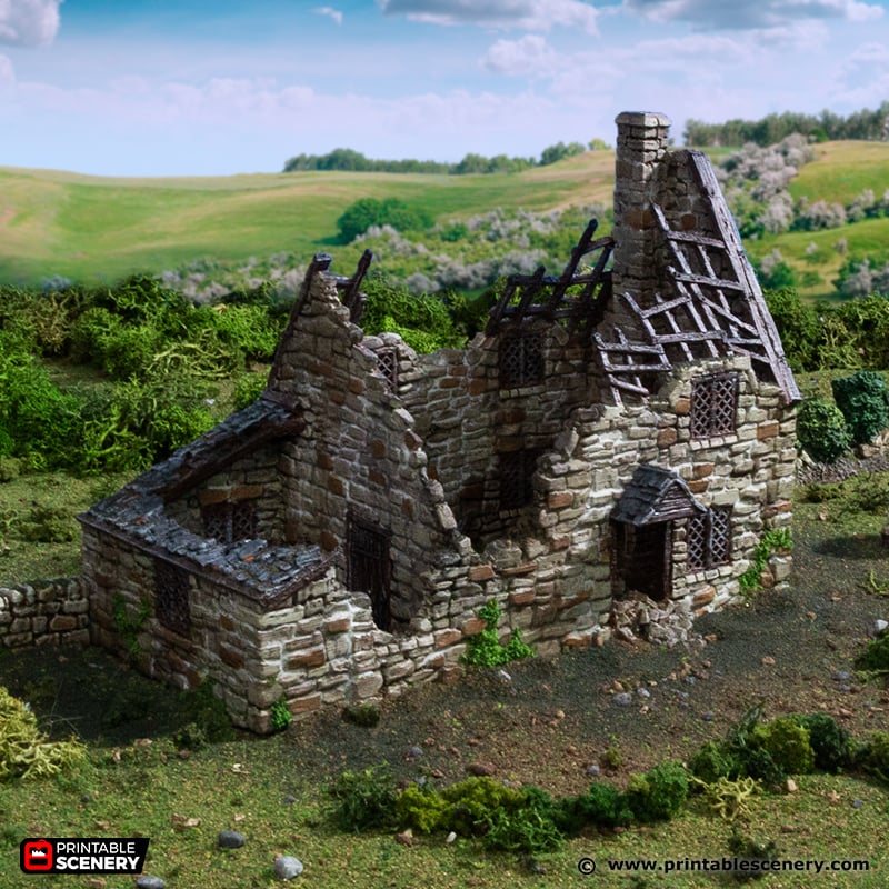 Ruined Crow Cottage 15mm 28mm 32mm for D&D Terrain, Medieval Stone House Ruins for DnD Pathfinder, Printable Scenery King and Country