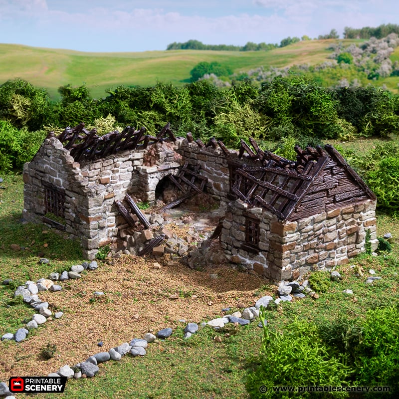 Ruined Highland Stone Barn 15mm 28mm 32mm for D&D Terrain, Medieval Barn Ruins for DnD Pathfinder, Miniature Stone Barn, Printable Scenery