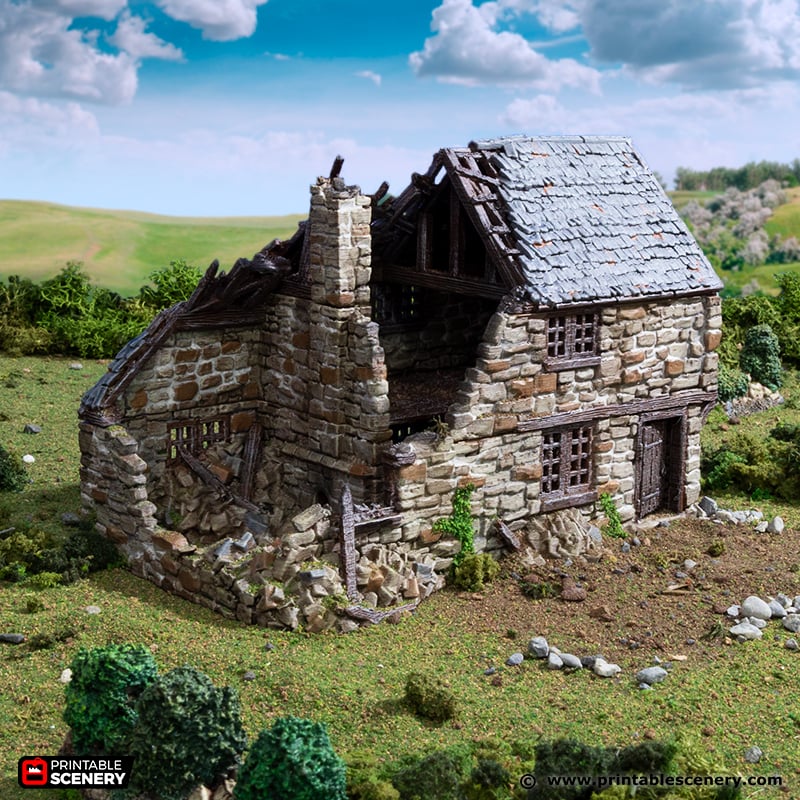 Ruined Hollyhock Cottage 15mm 28mm 32mm for D&D Terrain, Medieval Stone House Ruins for DnD Pathfinder, Printable Scenery King and Country