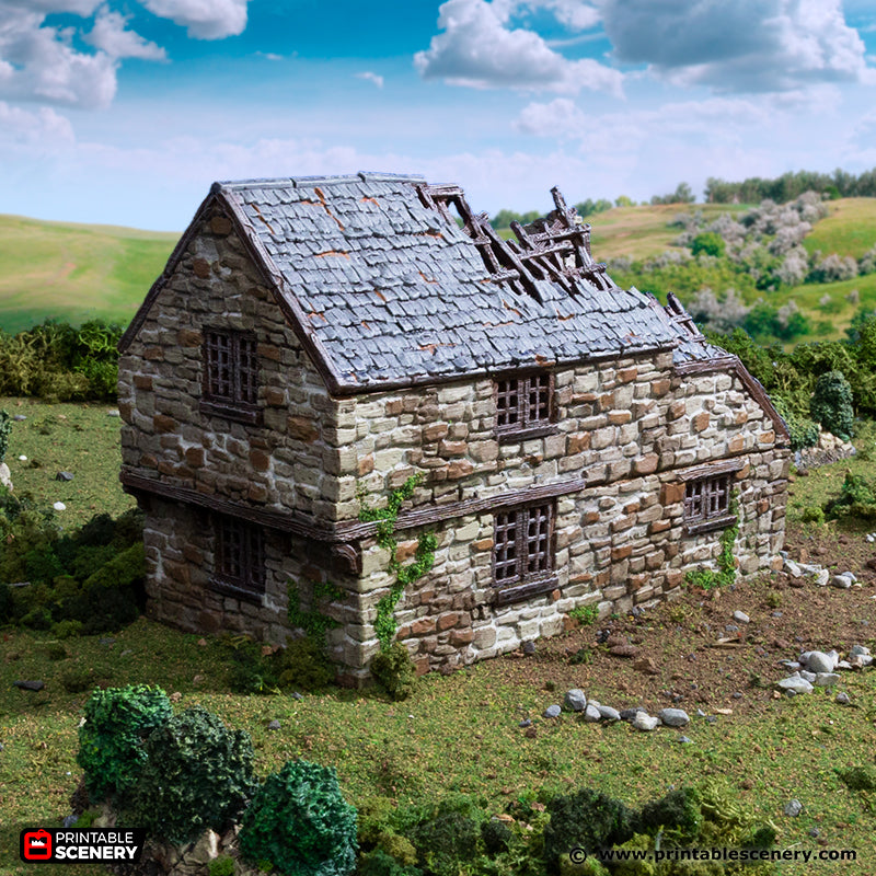 Ruined Hollyhock Cottage 15mm 28mm 32mm for D&D Terrain, Medieval Stone House Ruins for DnD Pathfinder, Printable Scenery King and Country