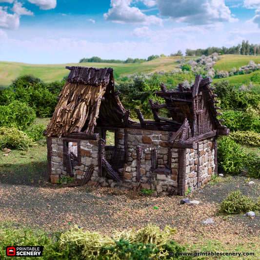 Ruined Norman Stone Barn 15mm 28mm 32mm for D&D Terrain, DnD Pathfinder Medieval Village, Miniature Stone Barn, Gift for Tabletop Gamers