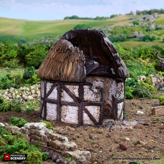 Miniature Ruined Medieval Round House with Thatch Roof for DnD Terrain 15mm 28mm 32mm, D&D Pathfinder Medieval Village, King and Country