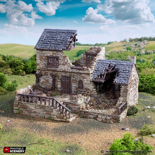 Ruined Stonestreet Bakers 15mm 28mm 32mm for D&D Terrain, Stone House Ruins for DnD Pathfinder Medieval Village, Printable Scenery