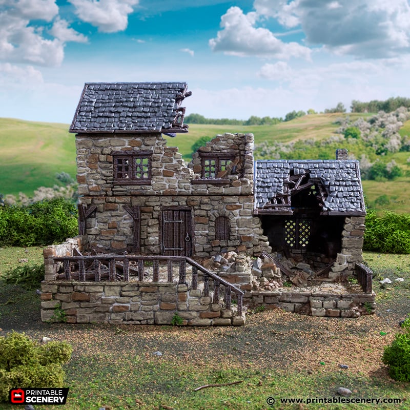 Ruined Stonestreet Bakers 15mm 28mm 32mm for D&D Terrain, Stone House Ruins for DnD Pathfinder Medieval Village, Printable Scenery