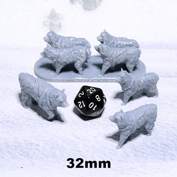 Sled Dogs Harnessed 15mm 28mm 32mm for D&D Icewind Dale Terrain, DnD Pathfinder Frostgrave Arctic Snowy Icy