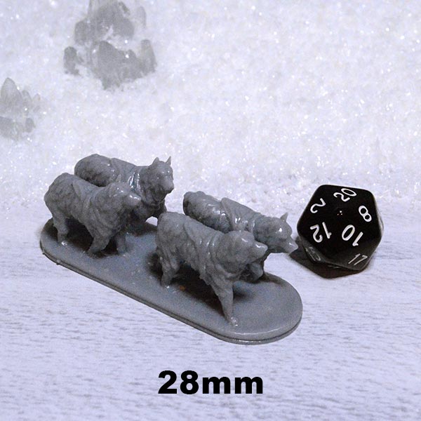 Sled Dogs Harnessed 15mm 28mm 32mm for D&D Icewind Dale Terrain, DnD Pathfinder Frostgrave Arctic Snowy Icy