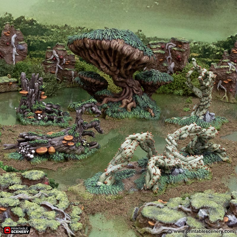 Miniature Swamp Scatter for DnD Terrain 15mm 28mm 32mm, Mushroom Trees and Spike Vines for D&D Pathfinder Warhammer Lustria, Gloaming Swamps
