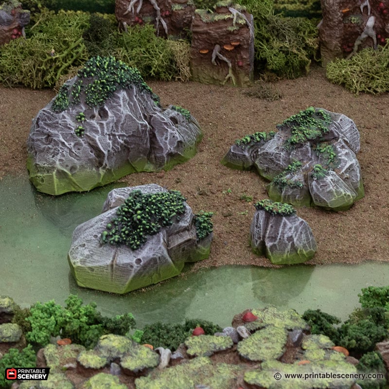 Miniature Swamp Scatter 15mm 28mm 32mm for DnD Terrain, Lily Pads Lotuses Bushes and Rocks for D&D Pathfinder Swamps, Gloaming Swamps