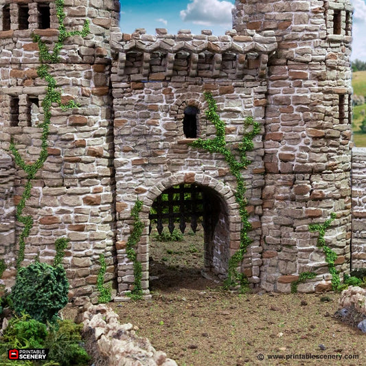 Miniature Royal Gate with Portcullis 15mm 28mm 32mm for D&D Terrain, Medieval Stone Gate with Drawbridge for DnD Pathfinder and Wargames