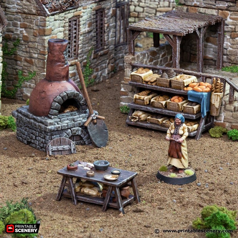 Miniature Baker and Oven 15mm 28mm 32mm for D&D Terrain, Medieval Baker with Display Shelves and Prep Table for DnD Pathfinder NPCs