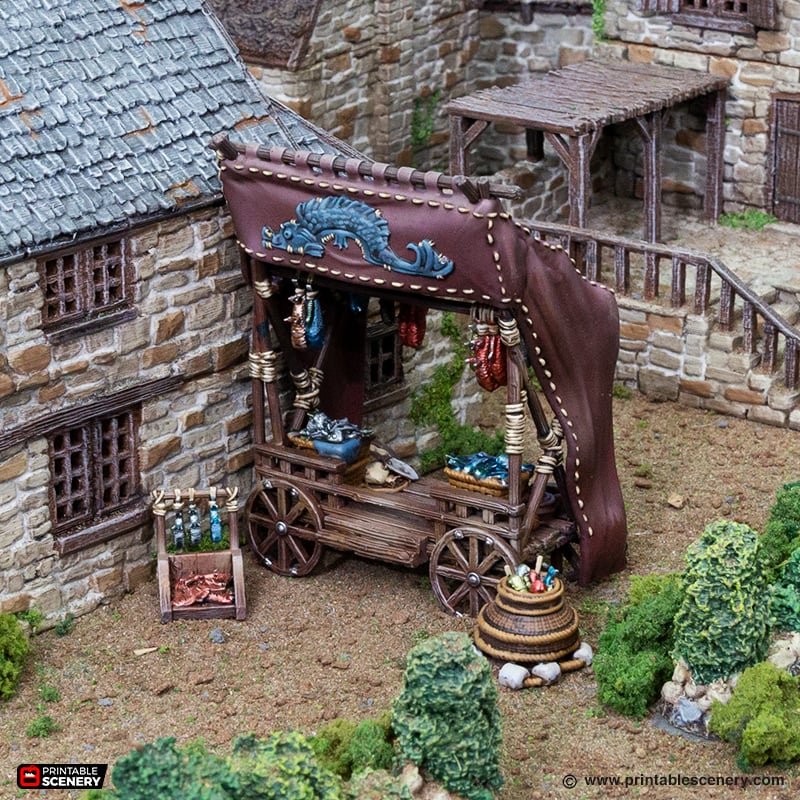 Miniature Fishmonger Stand 15mm 28mm 32mm for D&D Terrain, Medieval Village Fish and Seafood Merchant for DnD Pathfinder NPCs