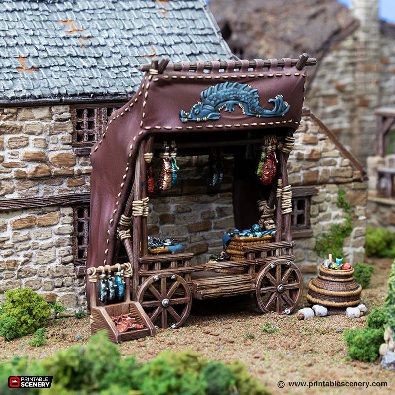 Miniature Fishmonger Stand 15mm 28mm 32mm for D&D Terrain, Medieval Village Fish and Seafood Merchant for DnD Pathfinder NPCs