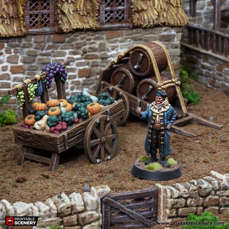 Miniature Grocer with Veggie Cart 15mm 28mm 32mm for D&D Terrain, Medieval Grocer with Barrel Cart and Display Shelves for DnD Pathfinder