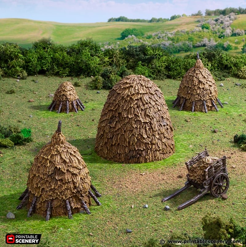 Miniature Haystacks 15mm 28mm 32mm for D&D Terrain, Medieval Hay Piles and Wagon for DnD Pathfinder, Farm Hay Bales for Wargames