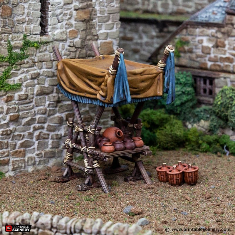 Miniature Herbs and Spices Market Stand 15mm 28mm 32mm for D&D Terrain, Medieval Merchant Stall for DnD Pathfinder, Gift for Tabletop Gamers