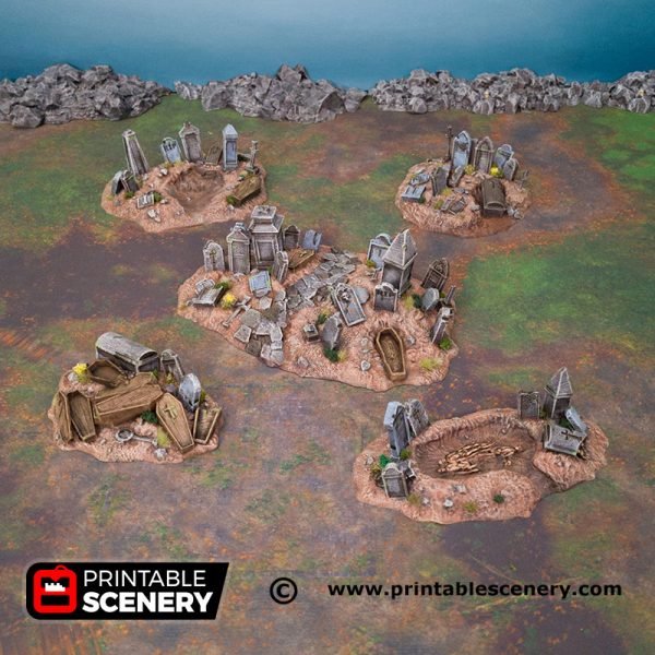 Graveyard Hills for DnD Terrain 15mm 28mm 32mm, Cemetery Graves and Coffins for D&D Pathfinder Shadow Realms, Gift for Tabletop Gamers
