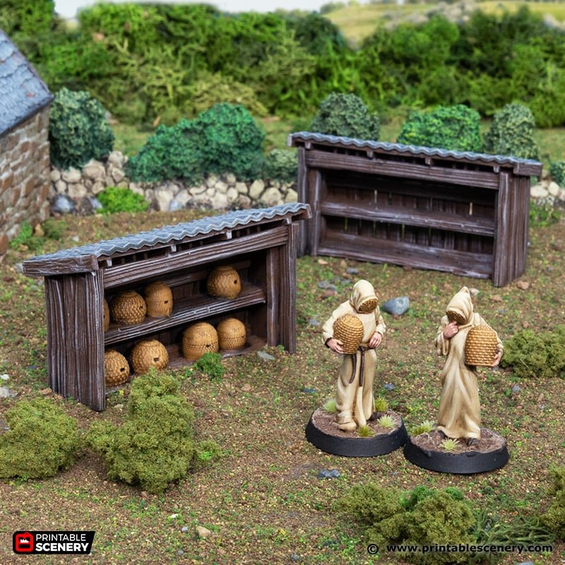 Miniature Hives and Beekeepers 15mm 28mm 32mm for D&D Terrain, Medieval Apiary Shed for DnD Pathfinder NPCs, Gift for Tabletop Gamers