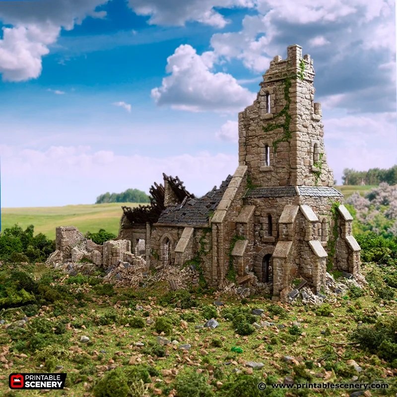 Ruined Norman Church 15mm 28mm for D&D Terrain, DnD Pathfinder Wargame Skirmish Medieval Village, Printable Scenery King and Country