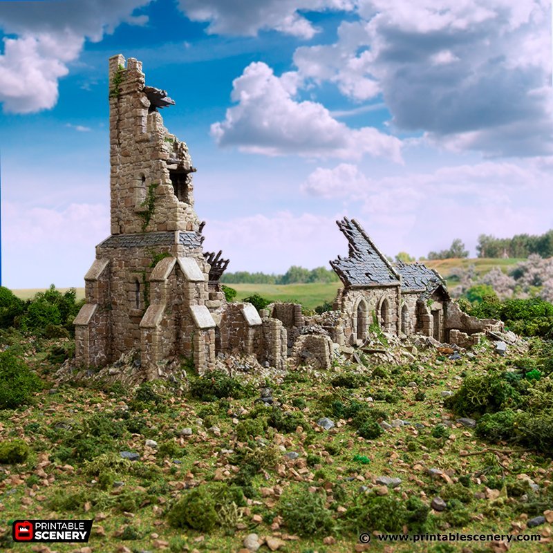 Ruined Norman Church 15mm 28mm for D&D Terrain, DnD Pathfinder Wargame Skirmish Medieval Village, Printable Scenery King and Country