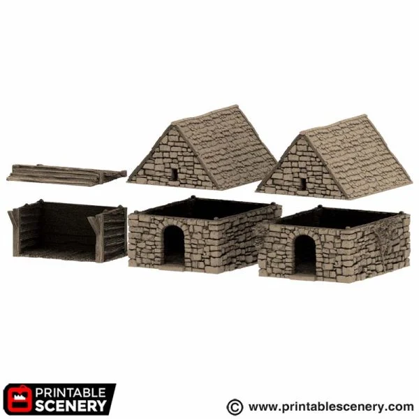 Small Rustic Barns 15mm 28mm 32mm for D&D Terrain, DnD Pathfinder Medieval Village, Miniature Stone Barn, Printable Scenery