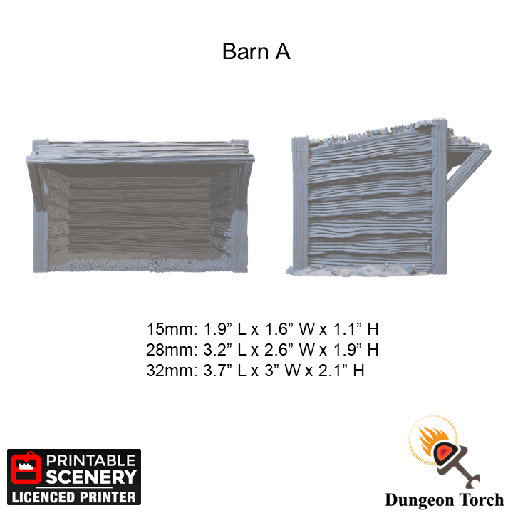 Small Rustic Barns 15mm 28mm 32mm for D&D Terrain, DnD Pathfinder Medieval Village, Miniature Stone Barn, Printable Scenery