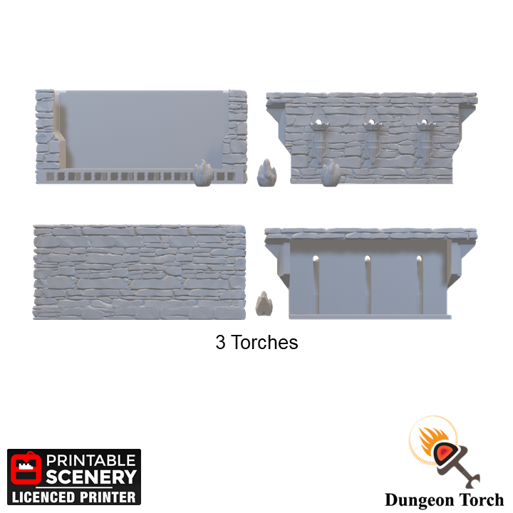 Schist Torch Wall 28mm, LED Stone Wall with Torches for D&D Terrain, Modular OpenLOCK Building Tiles, DnD Medieval Dungeon Stone Walls