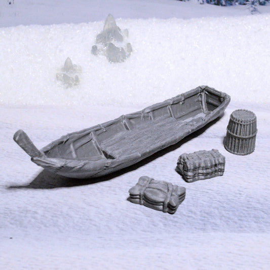Tribal Fishing Boat and Cargo 15mm 28mm 32mm for D&D Icewind Dale Terrain, DnD Pathfinder Pirate Coastal