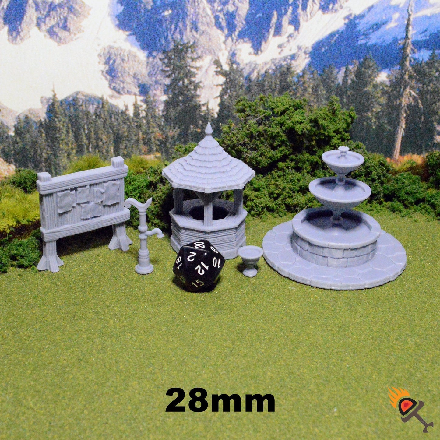 Miniature Town Square 15mm 28mm for D&D Terrain, DnD Pathfinder Miniature Water Well, Water Fountain, Billboard, Noticeboard, Quest Board