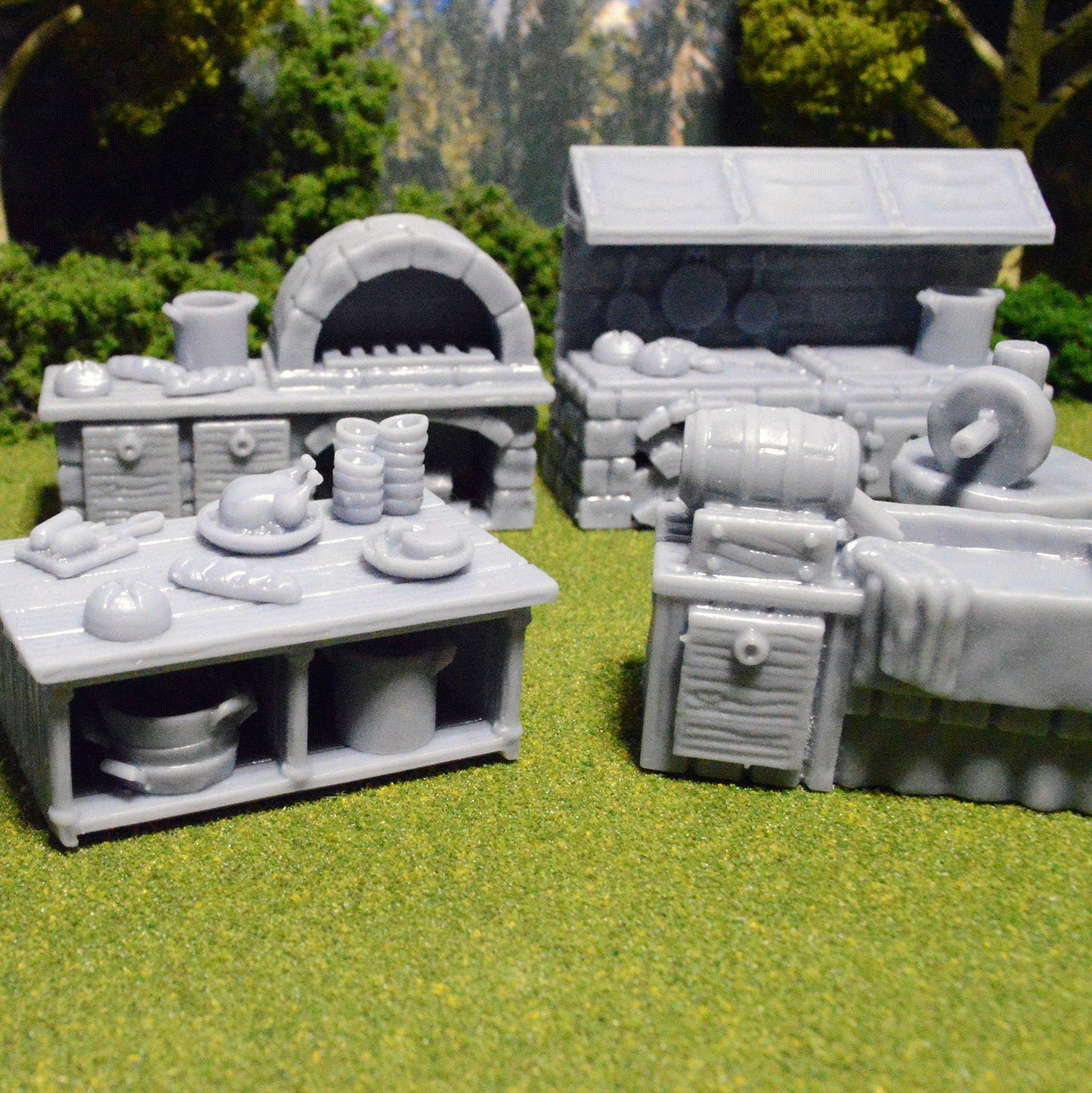 Miniature Kitchen Furniture and Food 28mm for D&D Terrain, DnD Pathfinder Diorama Tavern Inn Oven Stove Shelves Dishes