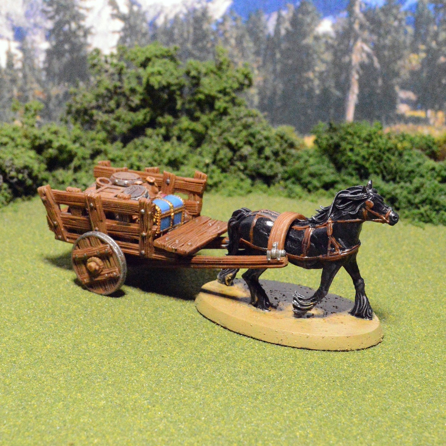 Miniature Harnessed Horse, Wagon and Cargo 15mm 28mm 32mm for D&D DnD Pathfinder Merchant Supplies, Cart with Chest Crates Barrels Sacks
