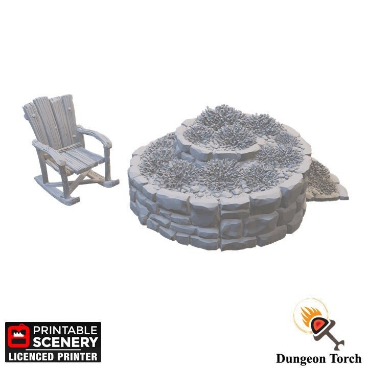 Miniature Spiral Stone Garden and Rocking Chair 15mm 28mm for D&D Terrain, DnD Pathfinder Fantasy Diorama, Fairy Garden