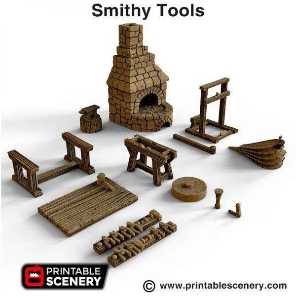 Miniature Blacksmith Tools 15mm 28mm 32mm for D&D Terrain, DnD Pathfinder Smithy Tools, Forge Anvil Bellows Workbench