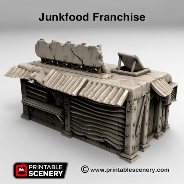 Food Shack 20mm 28mm 32mm for Gaslands Terrain, Fast-food Vendor for Fallout Urban Post Apocalyptic Junkfood Franchise, This is Not a Test