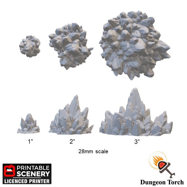 Miniature Crystal Clusters 15mm 28mm 32mm for D&D Terrain, Cavern Crystals, Ice Crystals, Icewind Dale Terrain, DnD Cavern Terrain