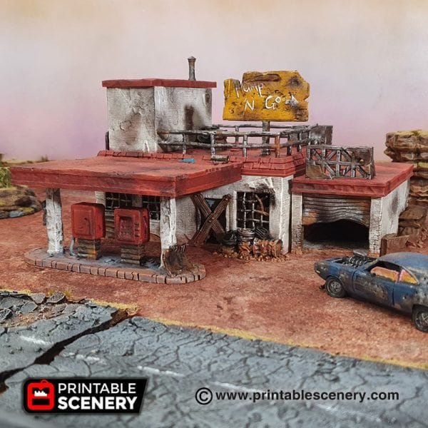 Miniature Derelict Gas Station 15mm 20mm 28mm 32mm for Gaslands Terrain, Urban Fallout Post-Apocalyptic, This is Not a Test