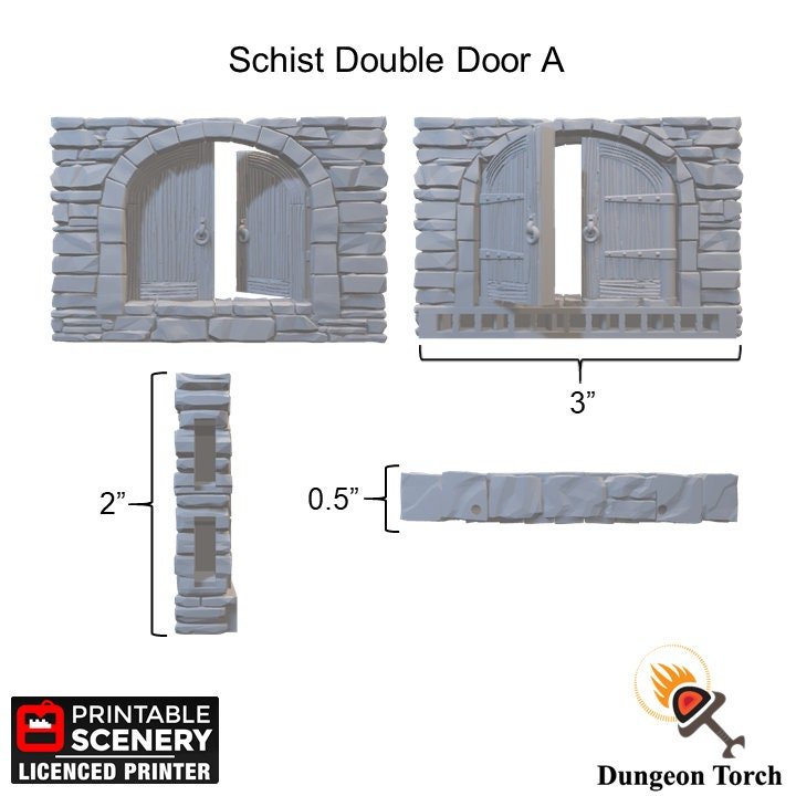 Schist Double Door Tiles 28mm for D&D Terrain, Modular OpenLOCK Building Tiles, DnD Medieval Village Stone Entrance Wall Tiles