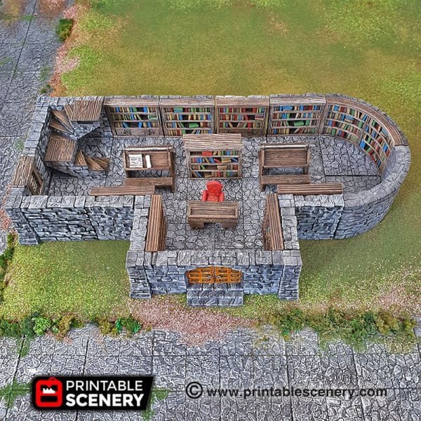 Miniature Library Furniture 15mm 28mm for D&D Terrain, DnD Pathfinder Medieval Study Bookcases Scrolls Desk Globe